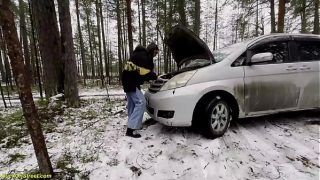 roadside assistance rewarded with wild car fucking